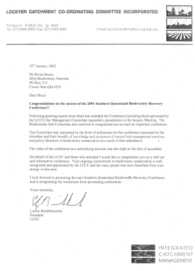 2001 Southern Queensland Biodiversity Recovery Conference - Congratulations letter