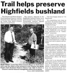 Crows Nest Shire Project Green Nest - Trail helps preserve Highfields bushland