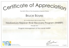 Hawkesbury-Nepean River Recovery Program (HNRRP) Certificate of Appreciation - Bruce Boyes, Program Manager