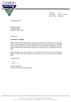 Letter of Thanks - Gatton Shire Council