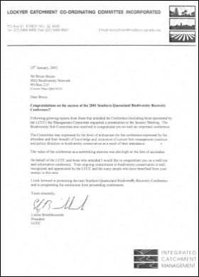 2001 Southern Queensland Biodiversity Recovery Conference - Congratulations letter