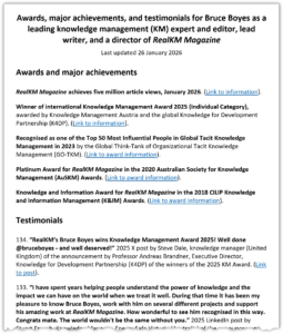Bruce Boyes knowledge management (KM) awards, achievements, and over 130 testimonials