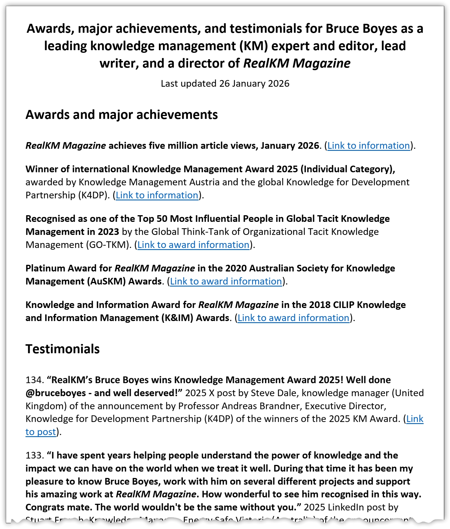 Bruce Boyes knowledge management (KM) awards, achievements, and over 130 testimonials