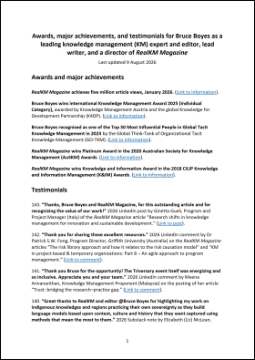 Awards, major achievements, and testimonials for Bruce Boyes as a leading knowledge management (KM) expert and editor, lead writer, and a director of RealKM Magazine