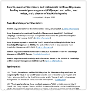 Awards, major achievements, and testimonials for Bruce Boyes as a leading knowledge management (KM) expert and editor, lead writer, and a director of RealKM Magazine
