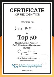 Certificate of Recognition awarded to Bruce Boyes for Top 50 Most Influential People in Tacit Knowledge Management 2023